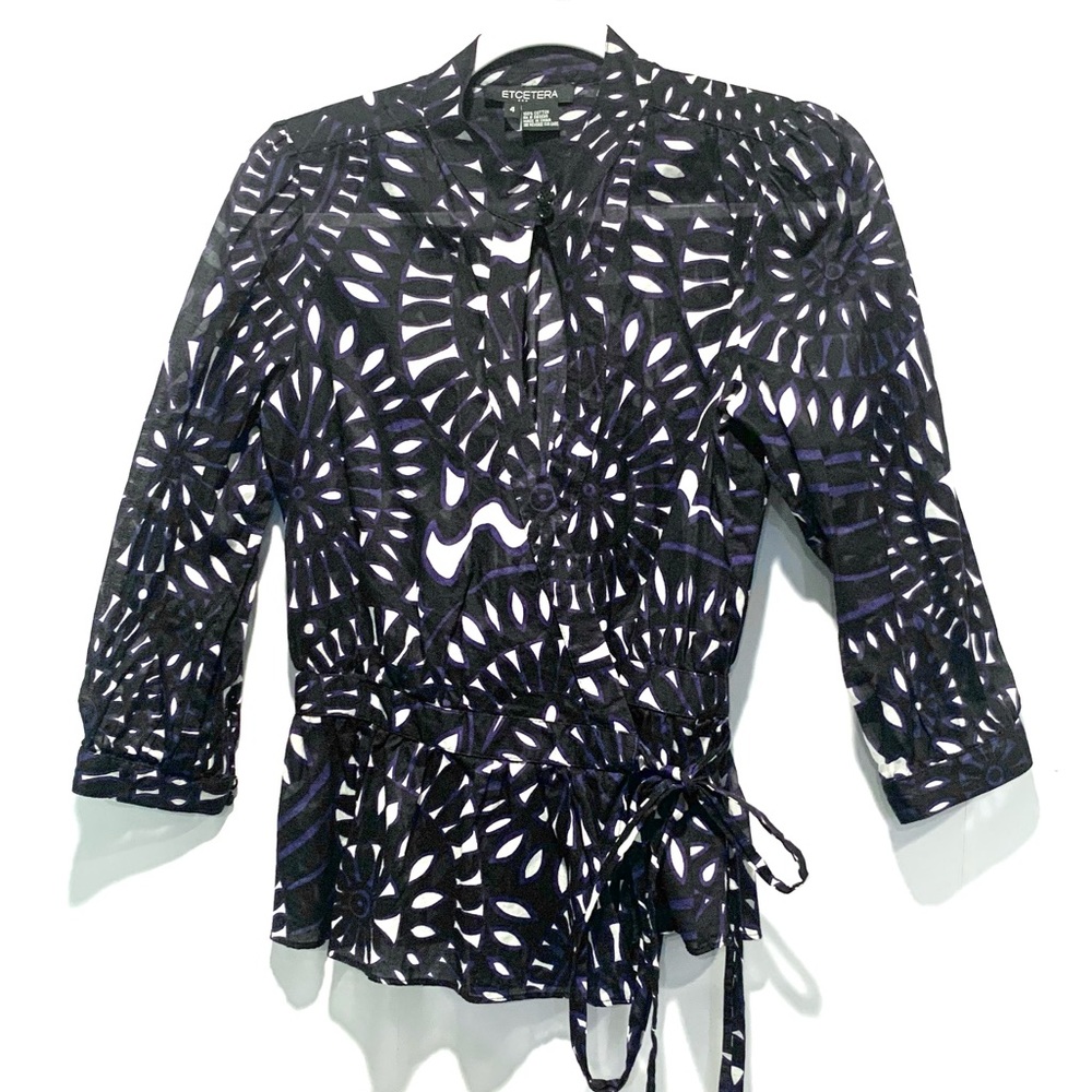 Etcetera Purple Geometric Print Wrap Top Tie Waist Keyhole Neckline